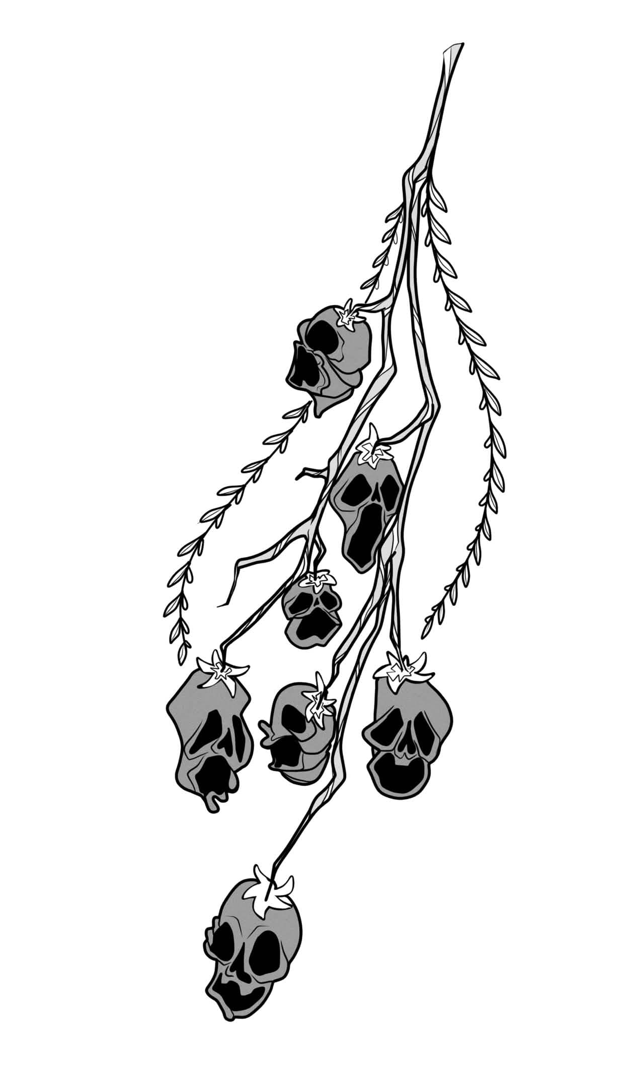 art of a floral looking branch with wilted skulls where the flowers would be